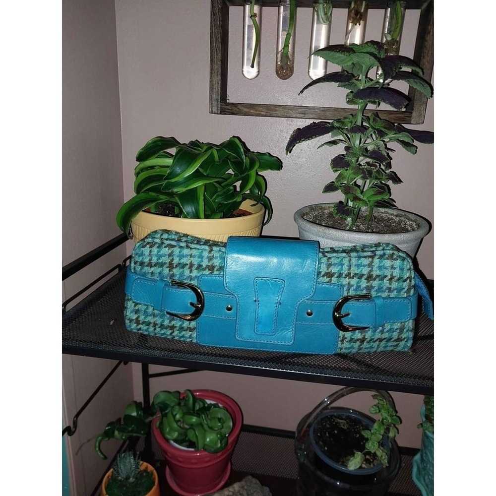 Teal Plaid Clutch with Leather Accents